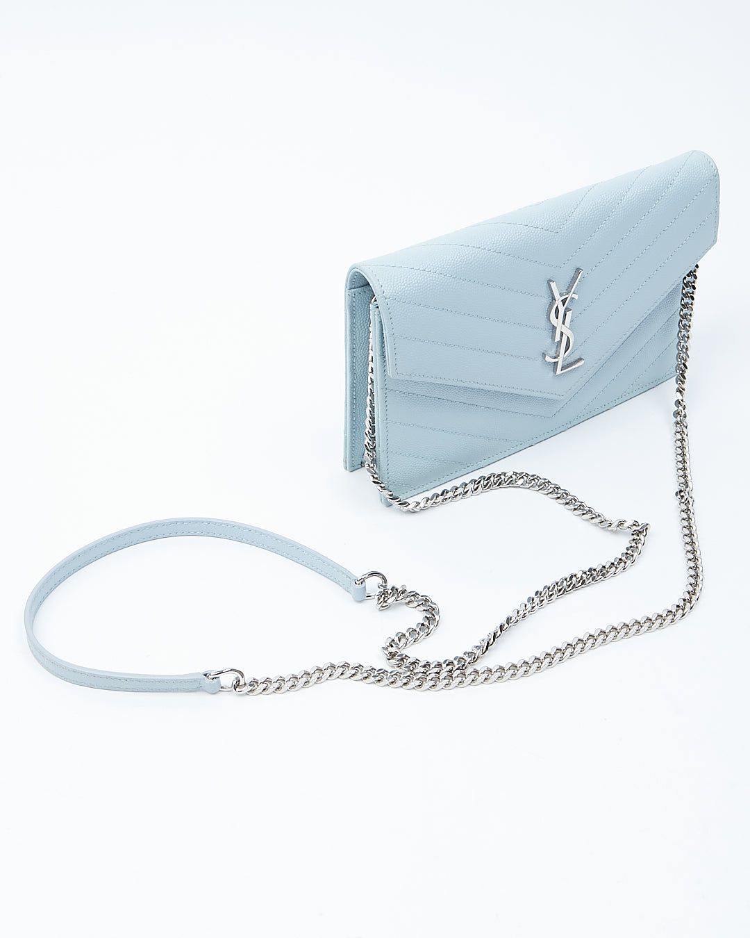 Saint Laurent Blue Chevron Grain De Poudre Monogram Envelope Wallet On Chain