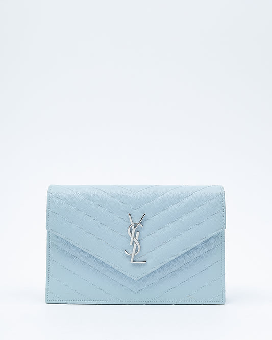 Saint Laurent Blue Chevron Grain De Poudre Monogram Envelope Wallet On Chain