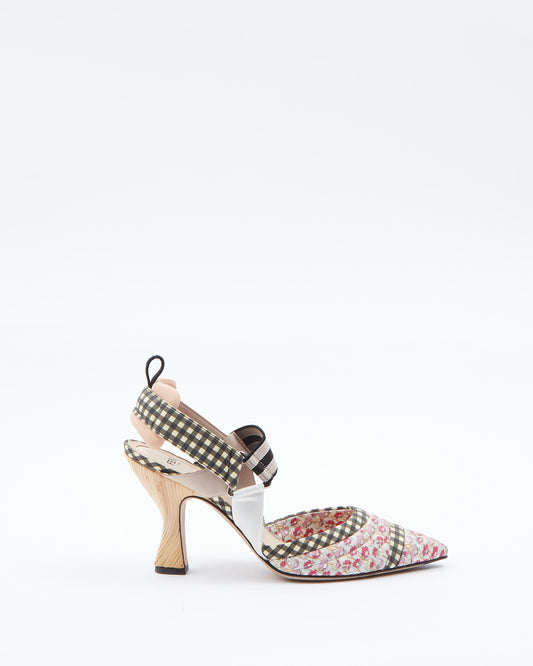 Fendi Black Plaid and Pink Multi Fabric Colibri Slingback Heels - 40