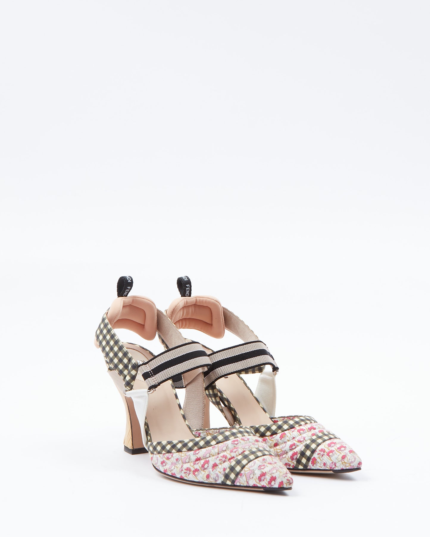 Fendi Black Plaid and Pink Multi Fabric Colibri Slingback Heels - 40