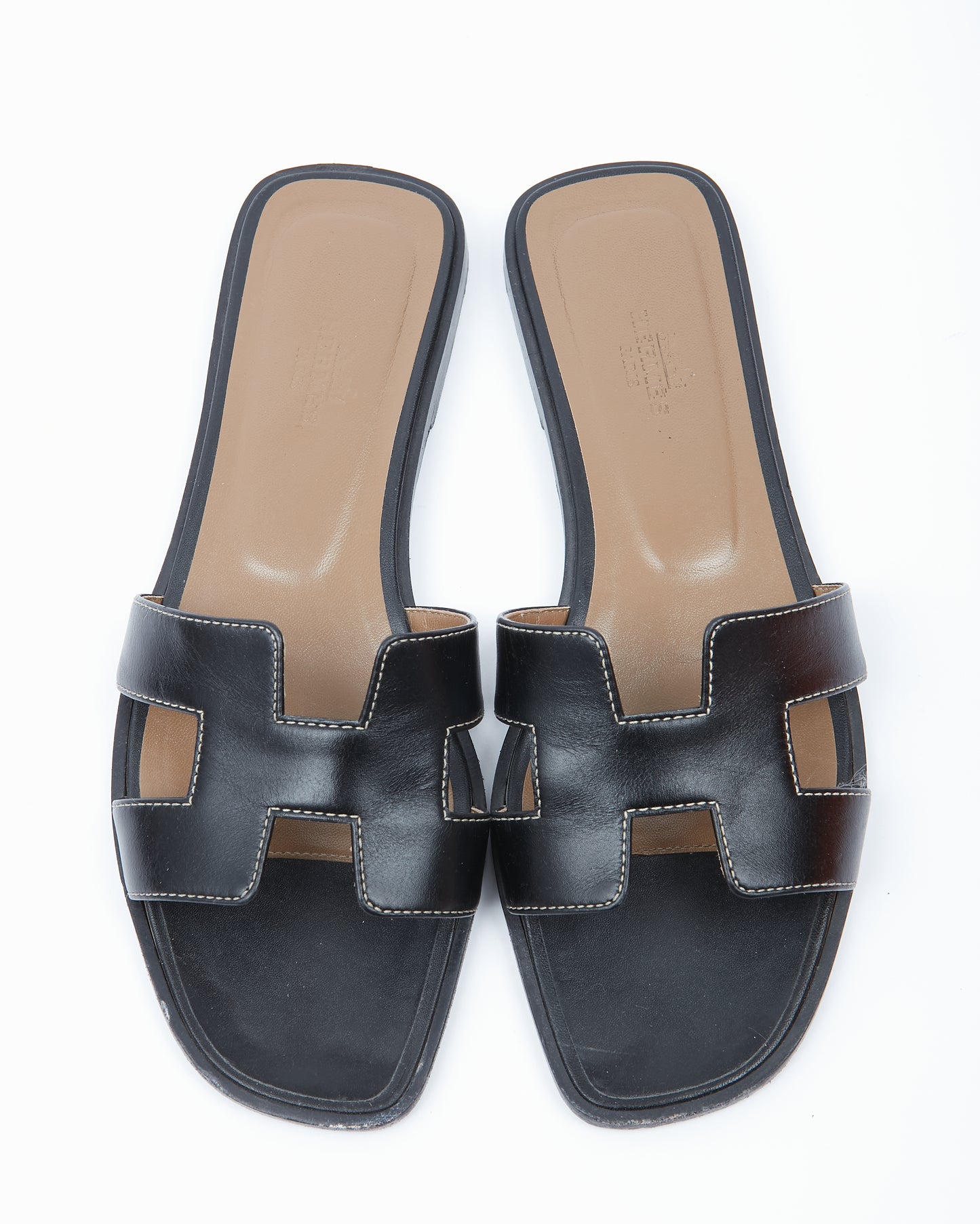 Hermes Black Leather Contrast Stitching Oran Sandals - 38.5