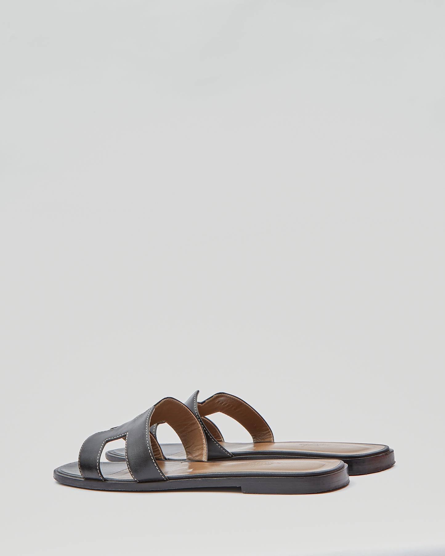 Hermes Black Leather Contrast Stitching Oran Sandals - 38.5