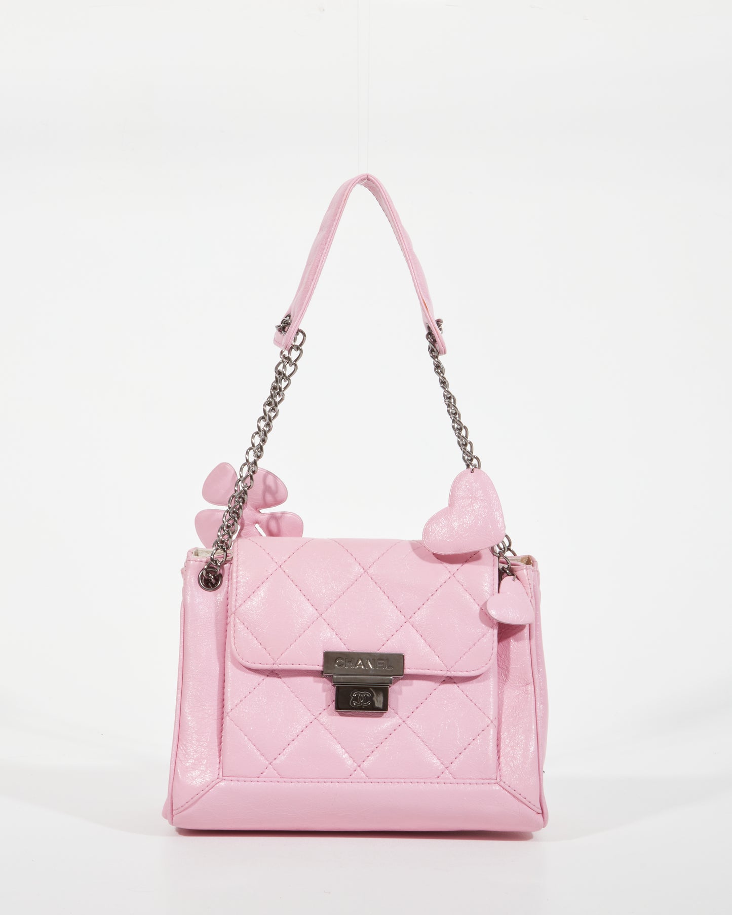 Chanel Pink Crinkled Leather 2003 Flower 
Heart Shoulder Bag