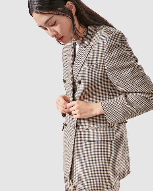 Aquascutum Beige Houndstooth Double Breast Blazer - 8