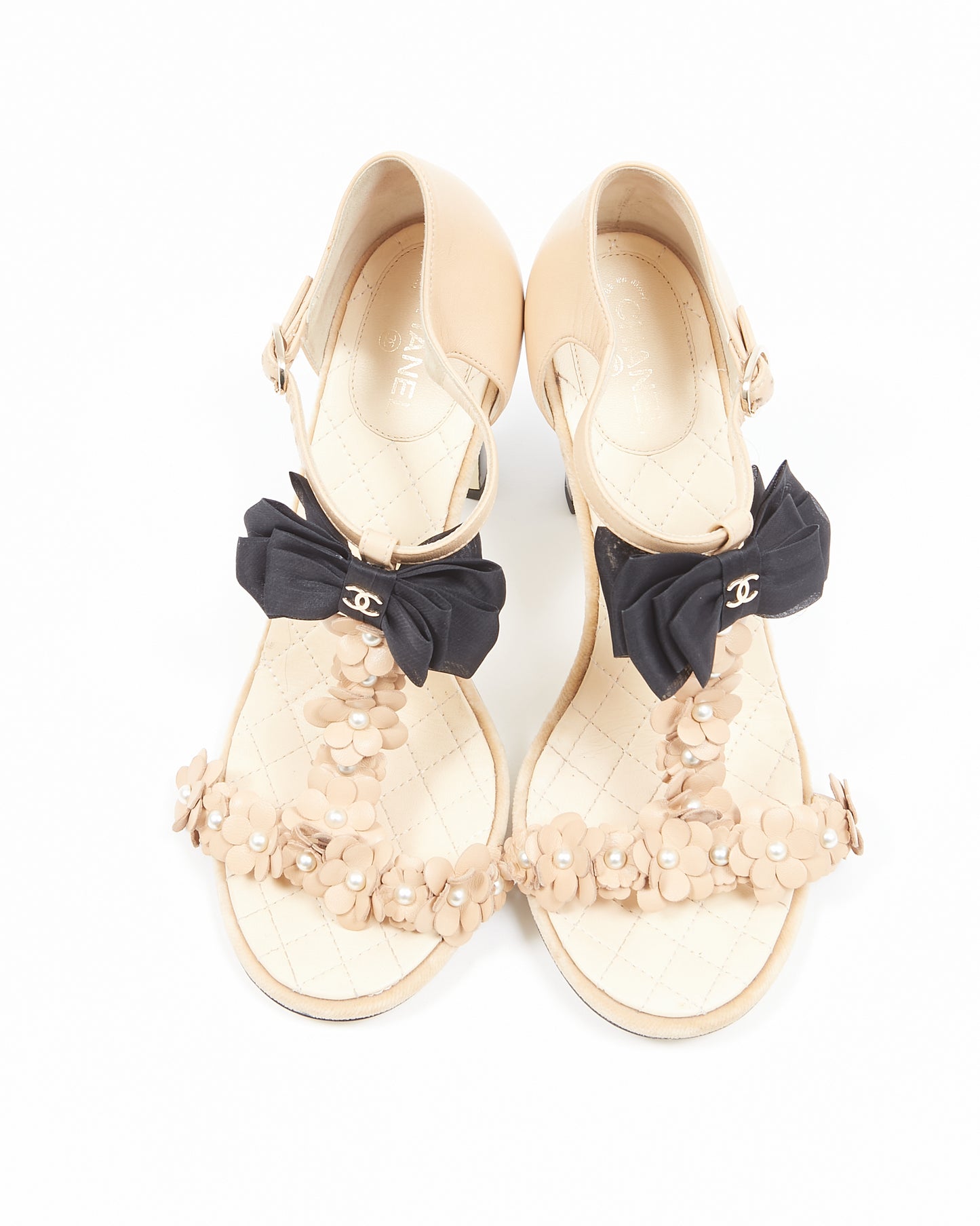 Chanel Beige with Black Bow Accent Sandal Heels - 38