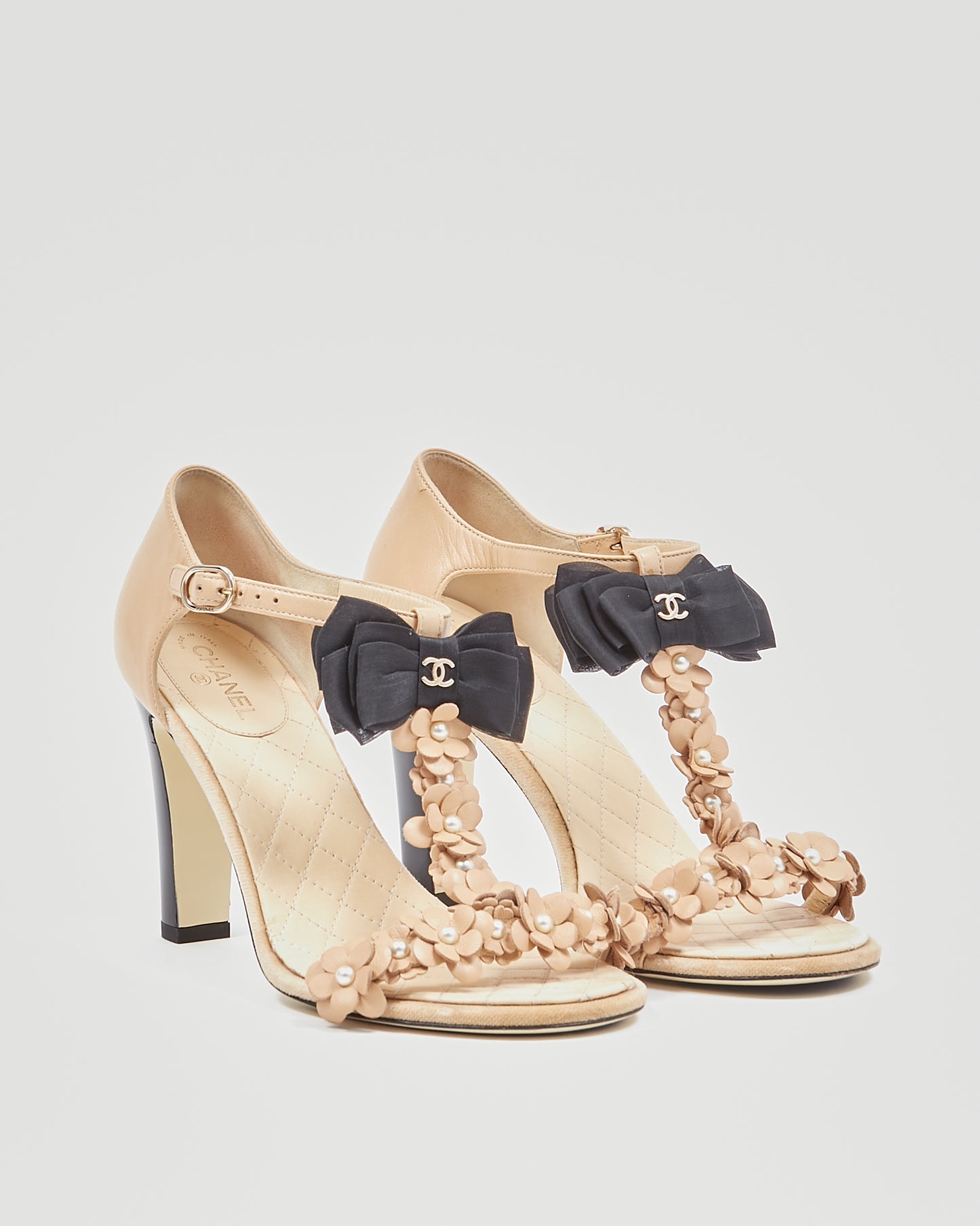 Chanel Beige with Black Bow Accent Sandal Heels - 38