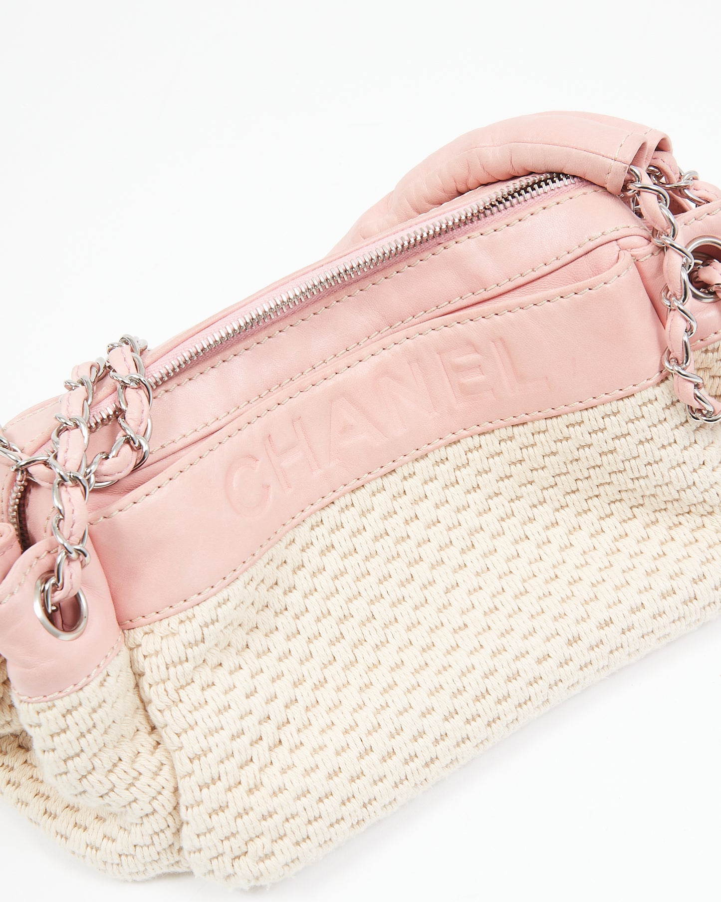 Chanel Cream Knit and Pink Lax Accordion Shoulder Bag