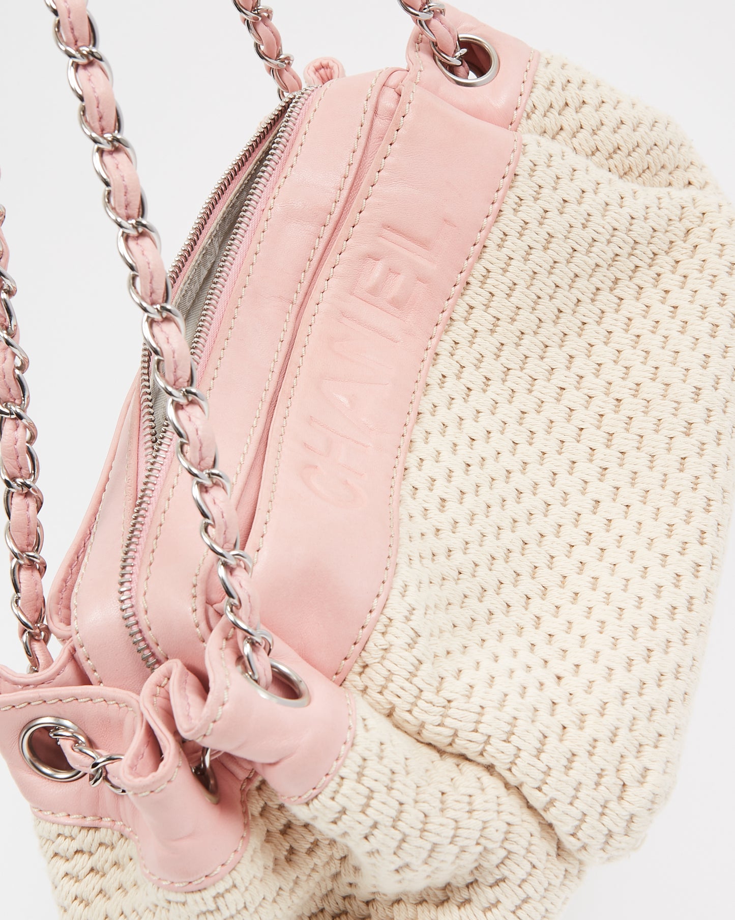 Chanel Cream Knit and Pink Lax Accordion Shoulder Bag