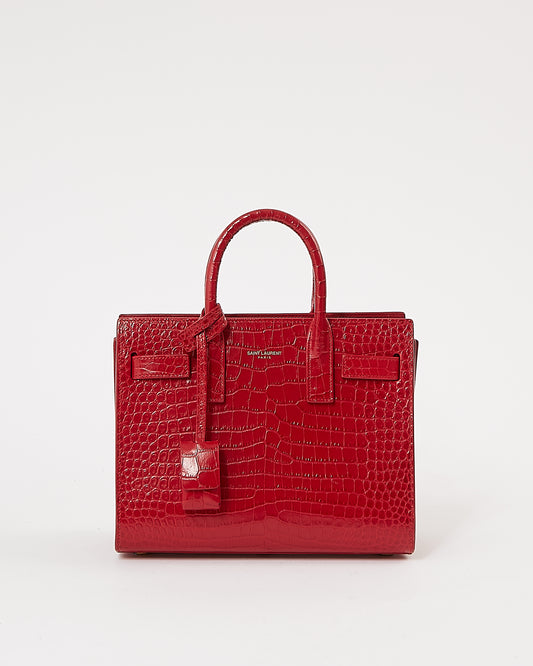 Saint Laurent Red Croc Embossed Nano Sac de Jour Bag