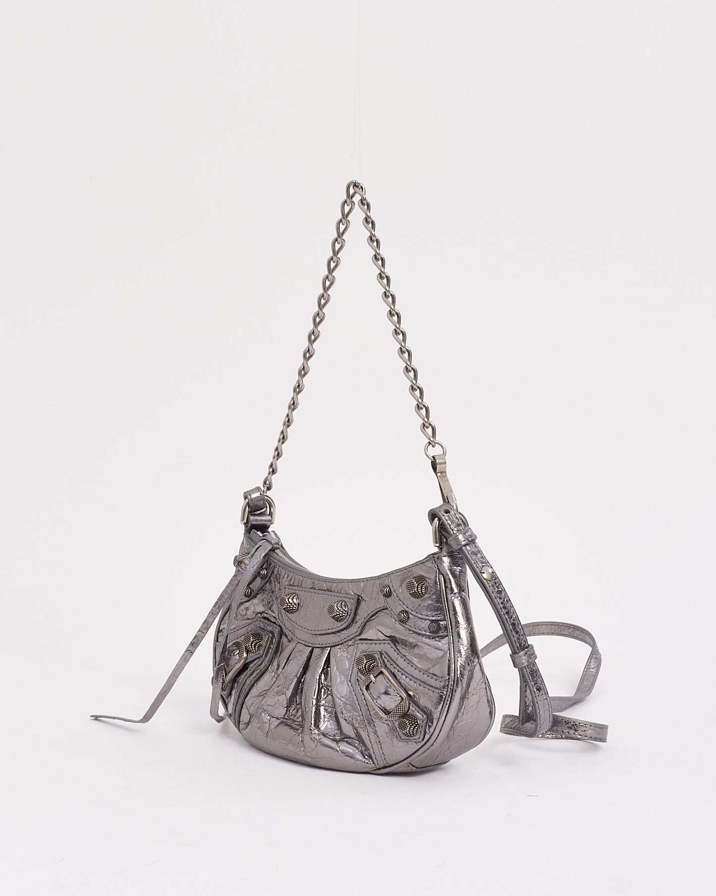 Balenciaga Silver Leather Le Cagole Mini Bag with Chain and Strap