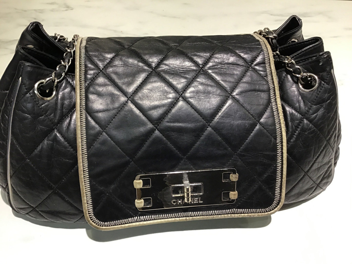 Chanel Black Lambskin Quilted Leather East West Mademoiselle Accordion Flap Shoulder Bag