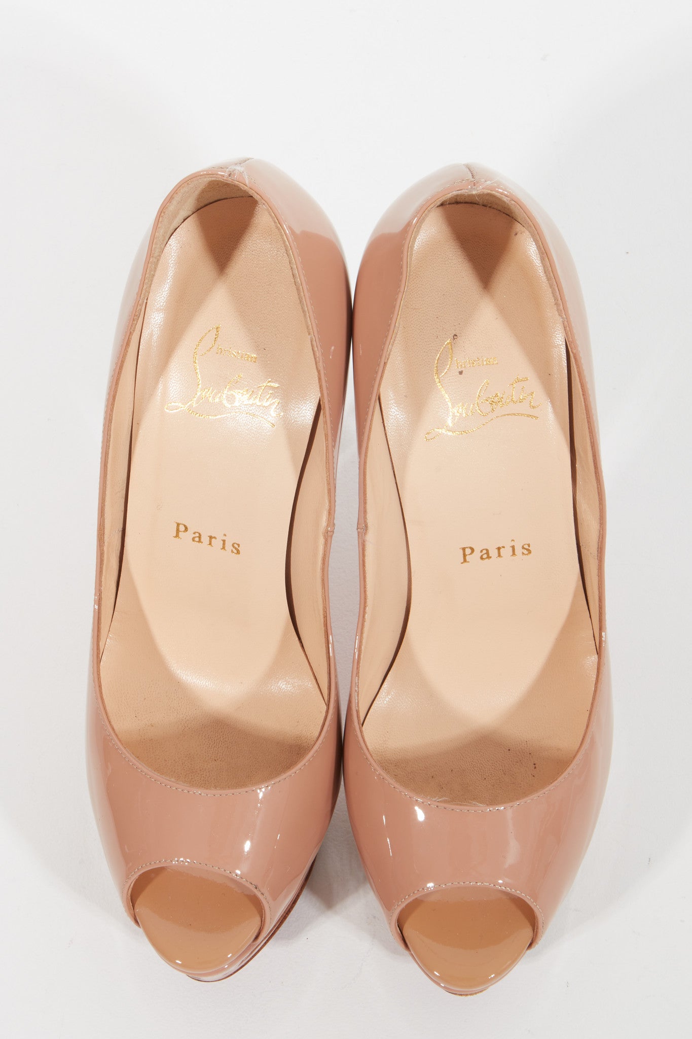 Louboutin Nude Patent Peep Toe Platform Pumps - 36