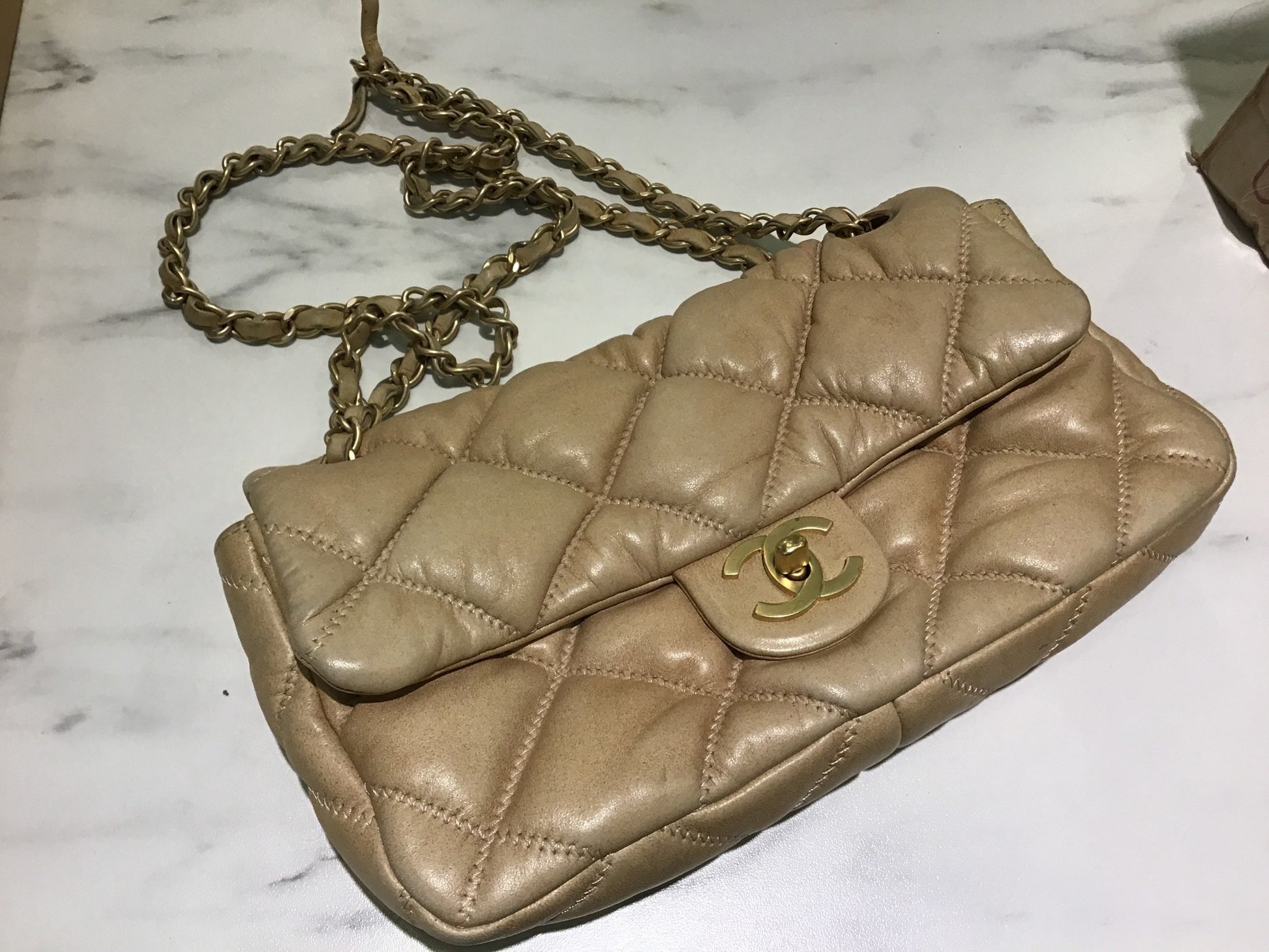 Chanel Beige Puffy Leather Shoulder Chain Flap Bag