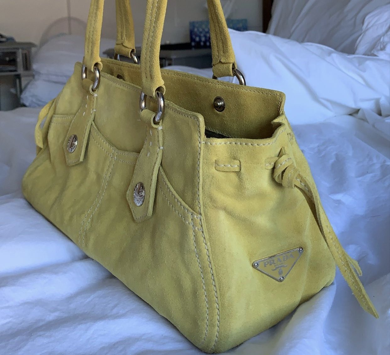 Prada Yellow/Lime Suede Small Pocket Shoulder Bag