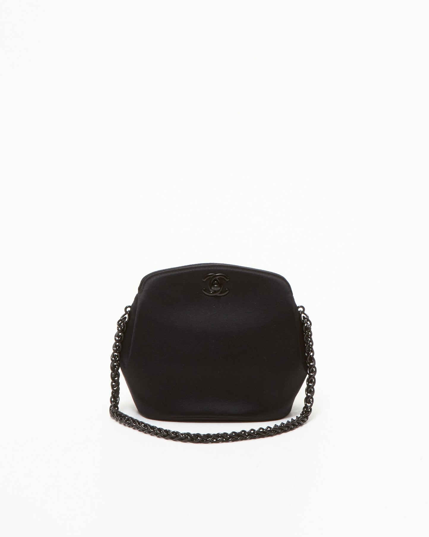 Chanel Vintage All Black Satin Evening Chain Clutch