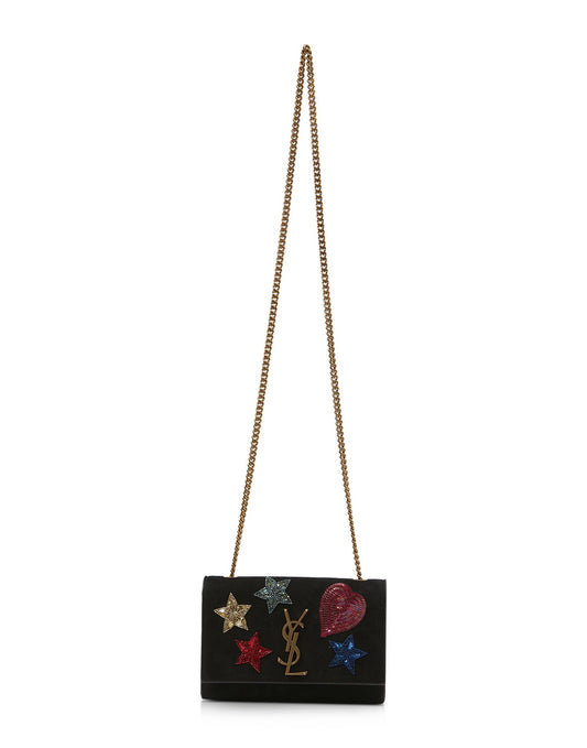 Saint Laurent Black Suede Beaded Monogram Kate Shoulder Bag