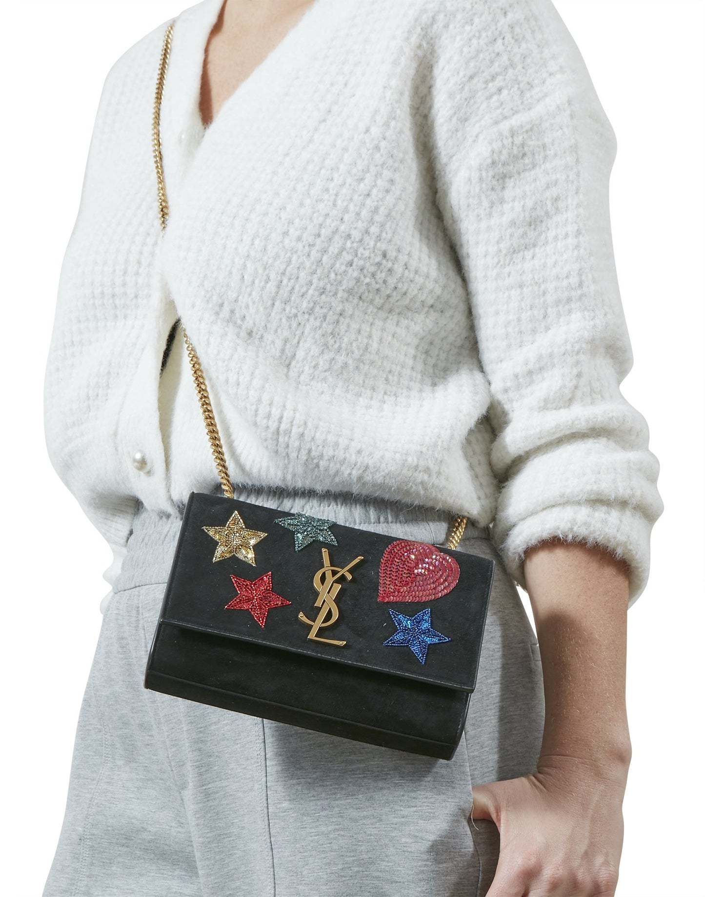 Saint Laurent Black Suede Beaded Monogram Kate Shoulder Bag