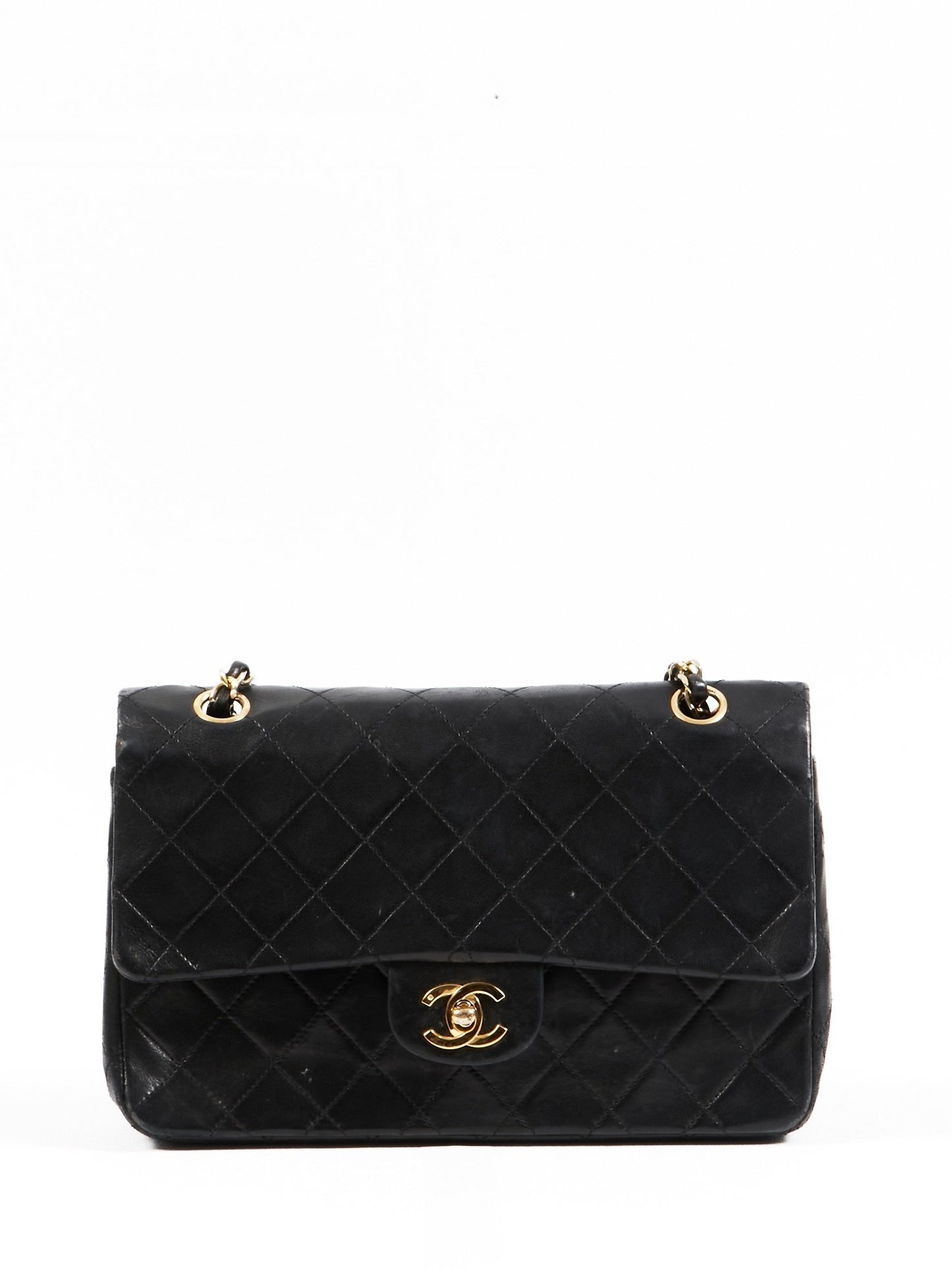 Sac à double rabat classique moyen en cuir d
agneau noir vintage Chanel GHW