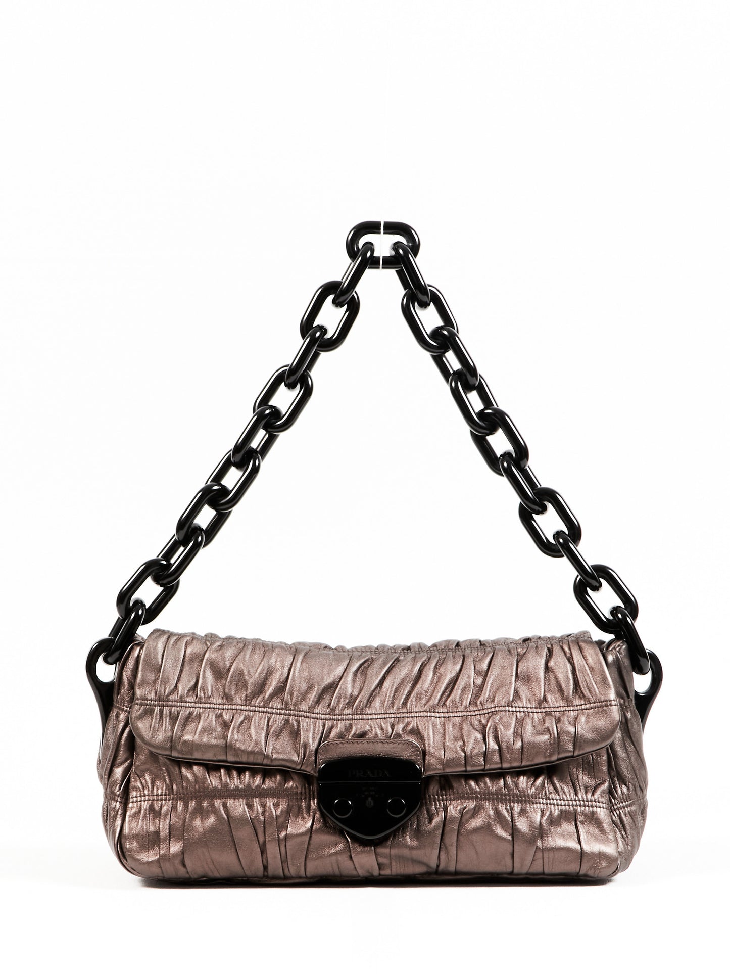 Prada Metallic Silver Matelassé Enamel Chain Shoulder Bag