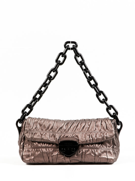 Prada Metallic Silver Matelassé Enamel Chain Shoulder Bag