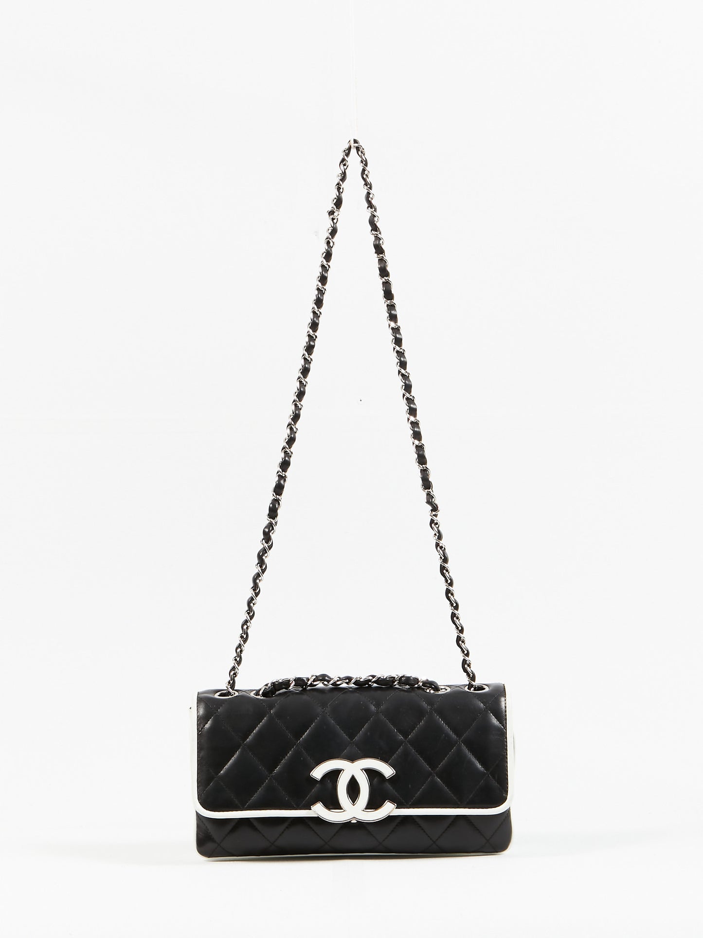 Chanel Black/White Lambskin Fliplock CC Flap Shoulder Bag SHW