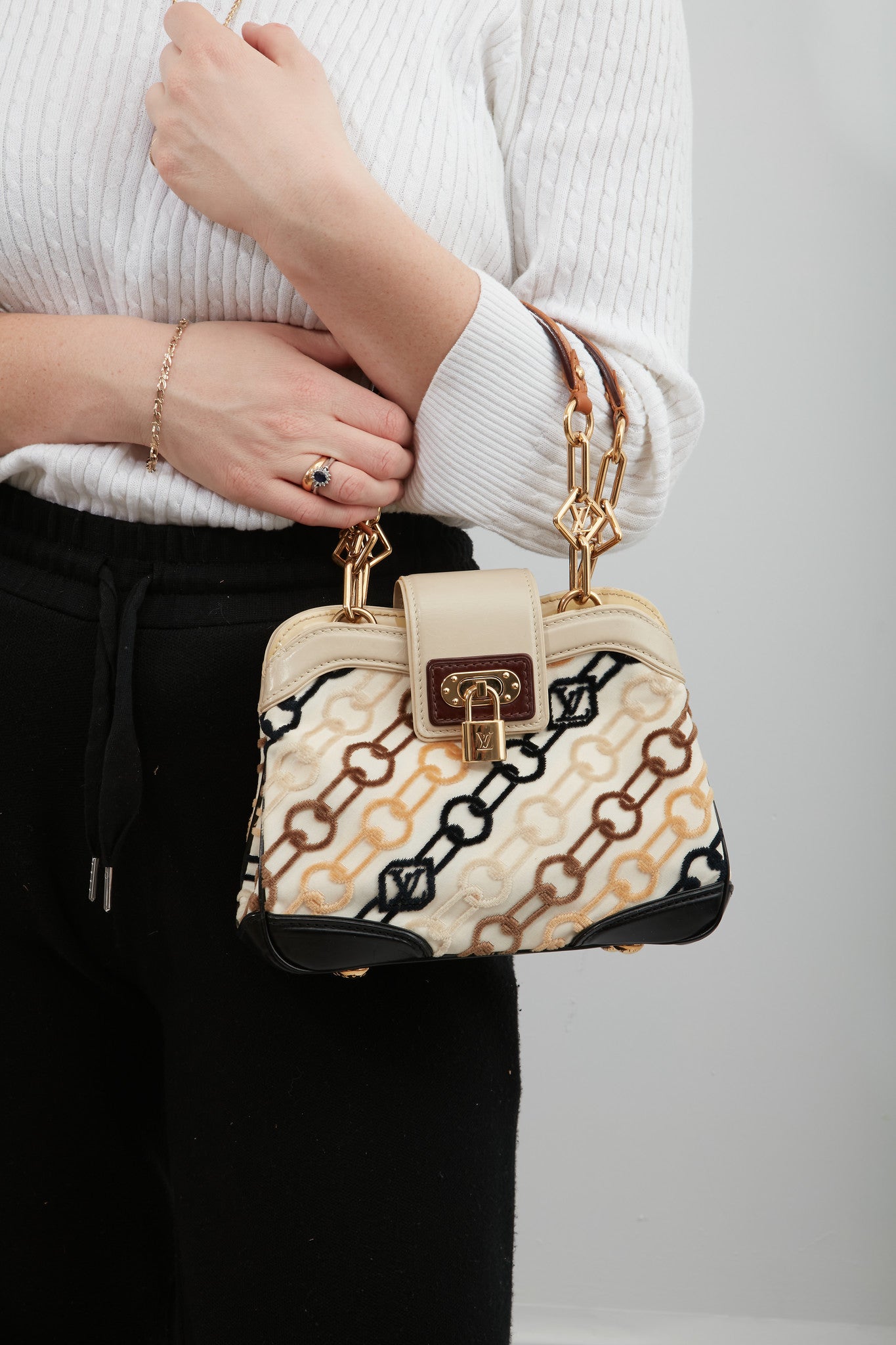 Louis Vuitton Beige Crème Velvet Monogram Mini Chain Linda Bag