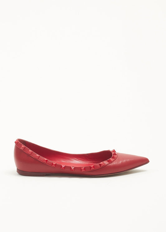 Valentino Red Leather Rockstud Flats - 38