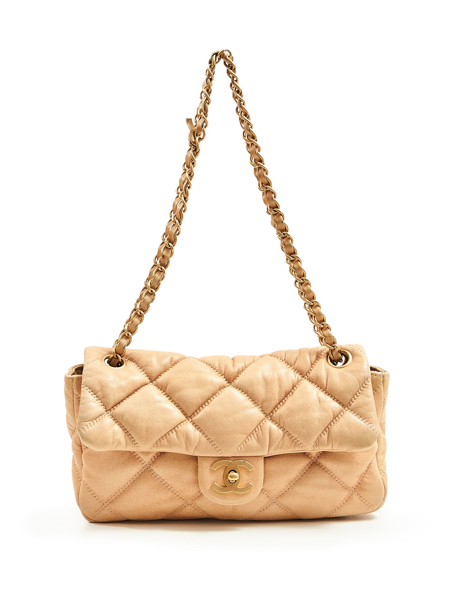 Chanel Beige Puffy Leather Shoulder Chain Flap Bag