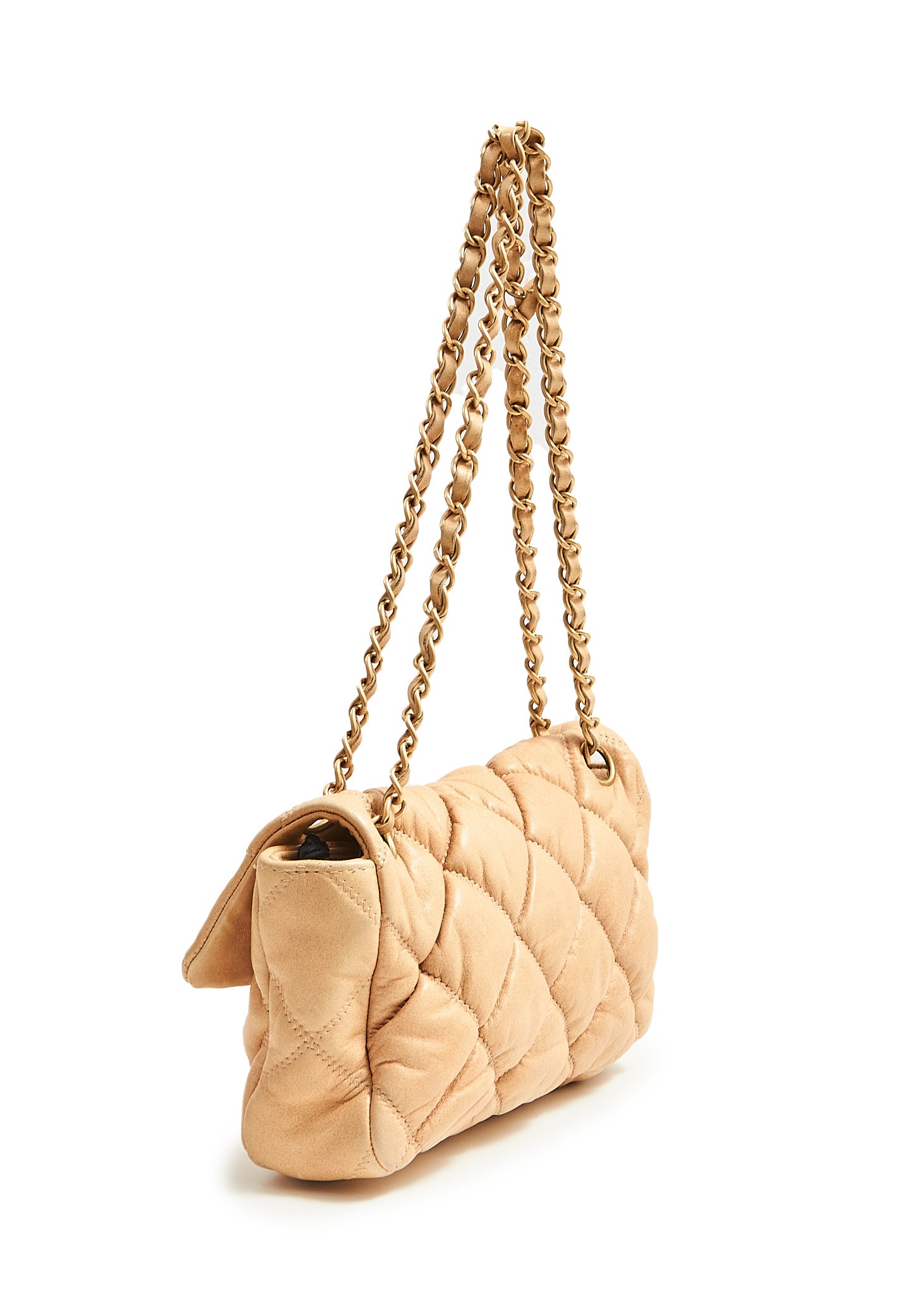 Chanel Beige Puffy Leather Shoulder Chain Flap Bag