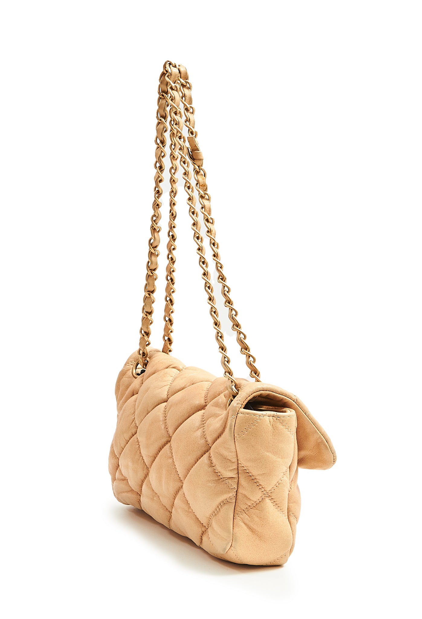 Chanel Beige Puffy Leather Shoulder Chain Flap Bag