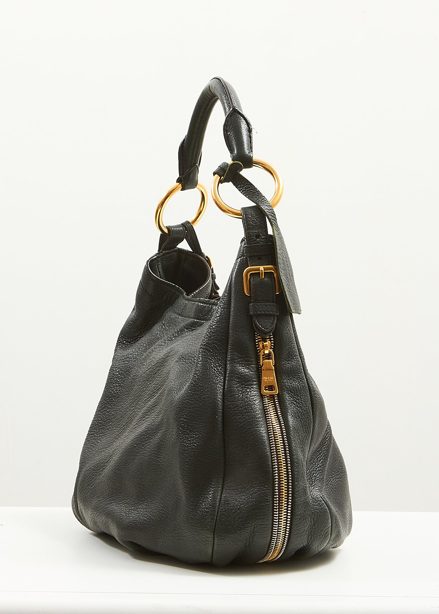 Prada Forest Green Daino Vitello Zipper Hobo Shoulder Bag