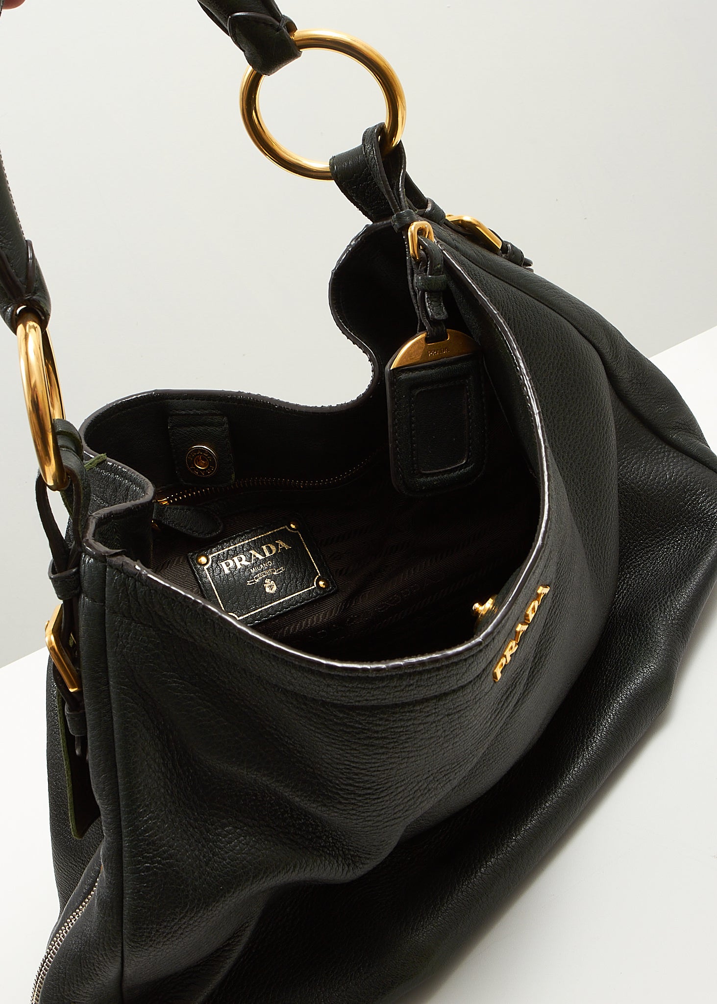 Prada Forest Green Daino Vitello Zipper Hobo Shoulder Bag