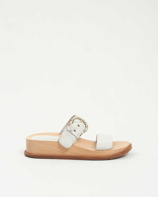 Chanel White Leather Buckle Wooden Platform Sandals - 38