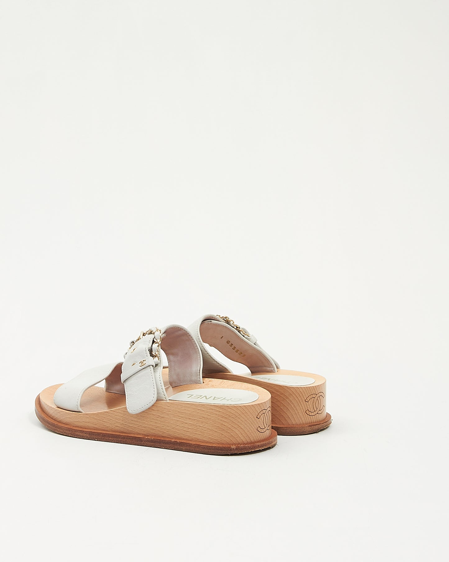 Chanel White Leather Buckle Wooden Platform Sandals - 38