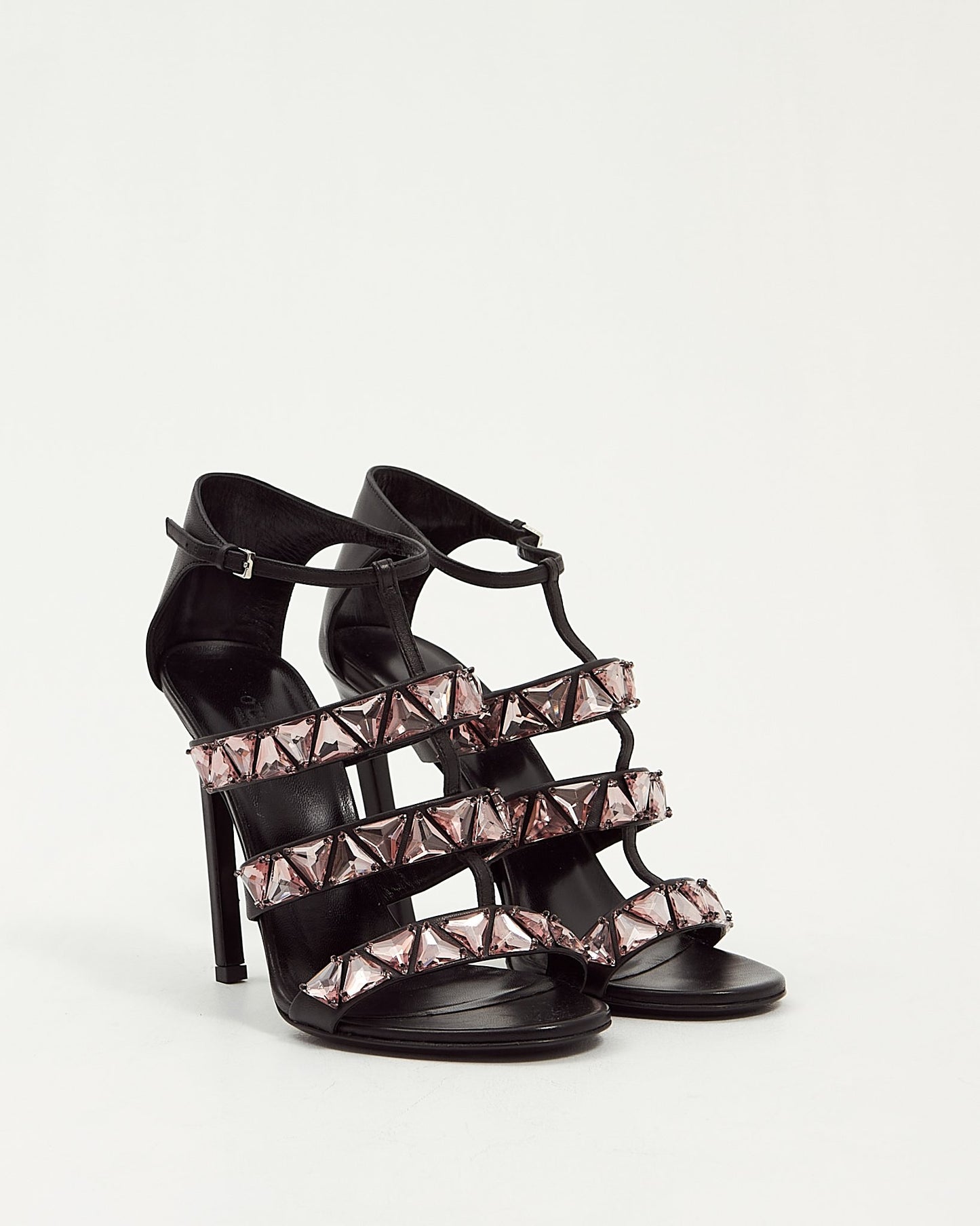 Gucci Black Leather With Pink Crystal Sandal Heel - 38