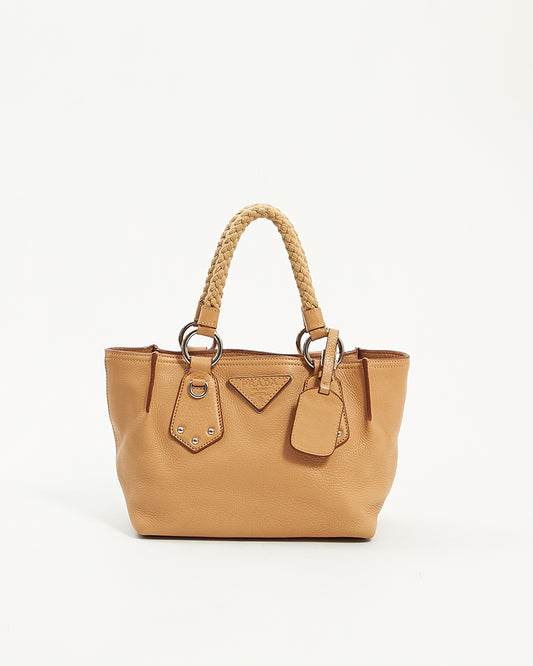 Prada Beige Pebbled Leather Rope Handle Mini Tote Bag