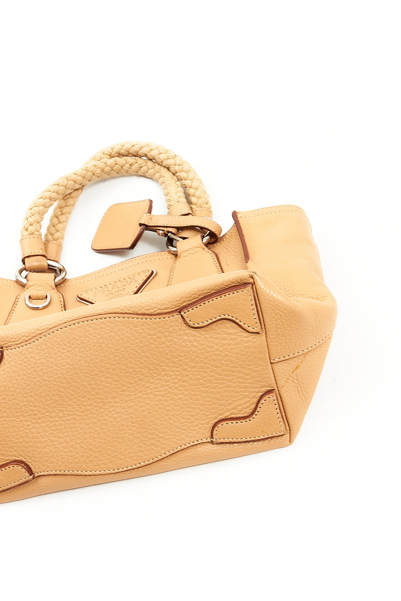 Prada Beige Pebbled Leather Rope Handle Mini Tote Bag