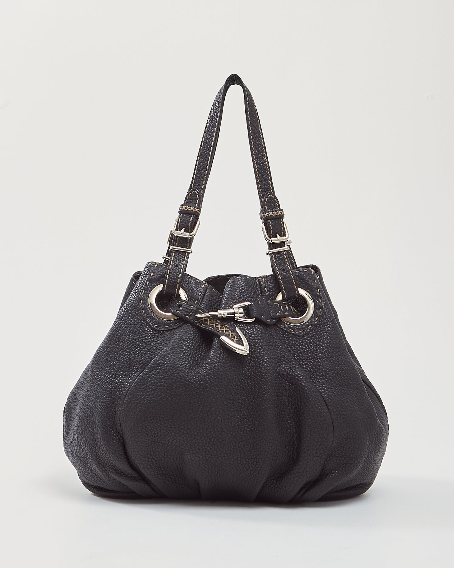 Fendi Black Selleria Top Stitch Grained Leather Tote Bag