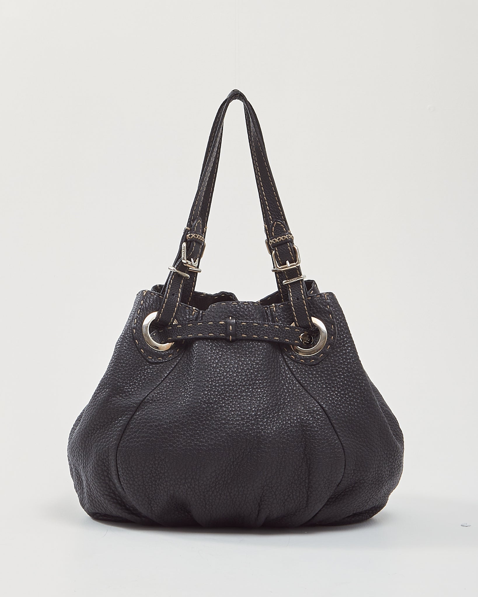 Fendi Black Selleria Top Stitch Grained Leather Tote Bag