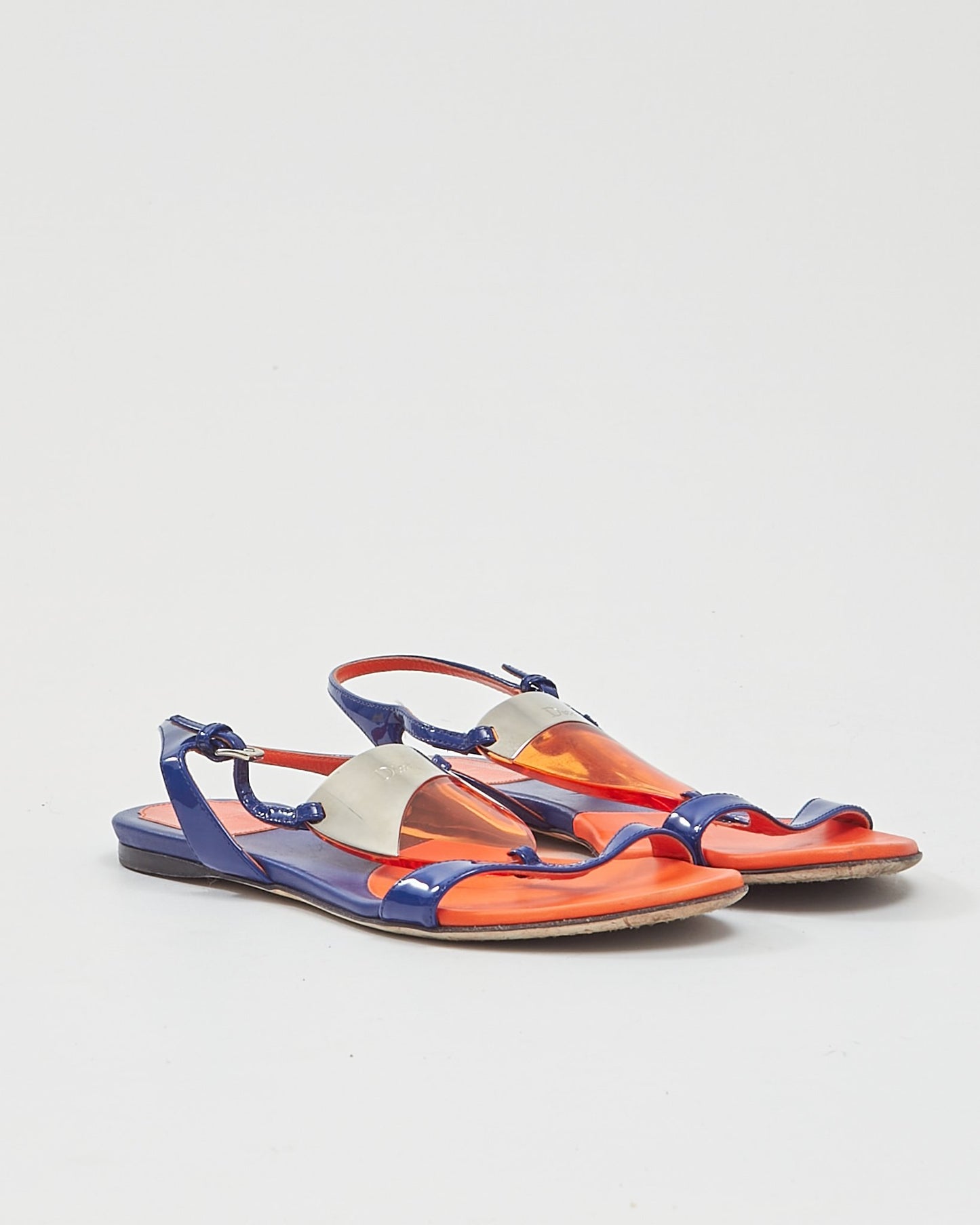 Dior Blue/Orange Enamel 
Leather Strap Sandals - 37.5