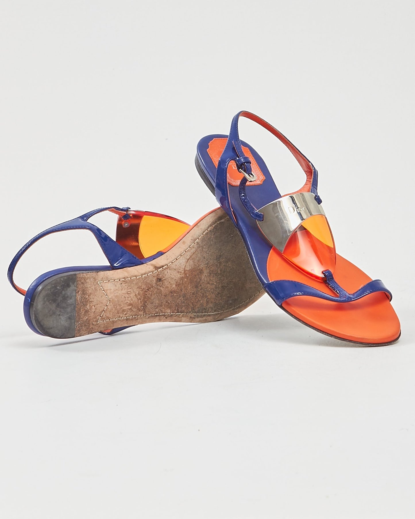 Dior Blue/Orange Enamel 
Leather Strap Sandals - 37.5