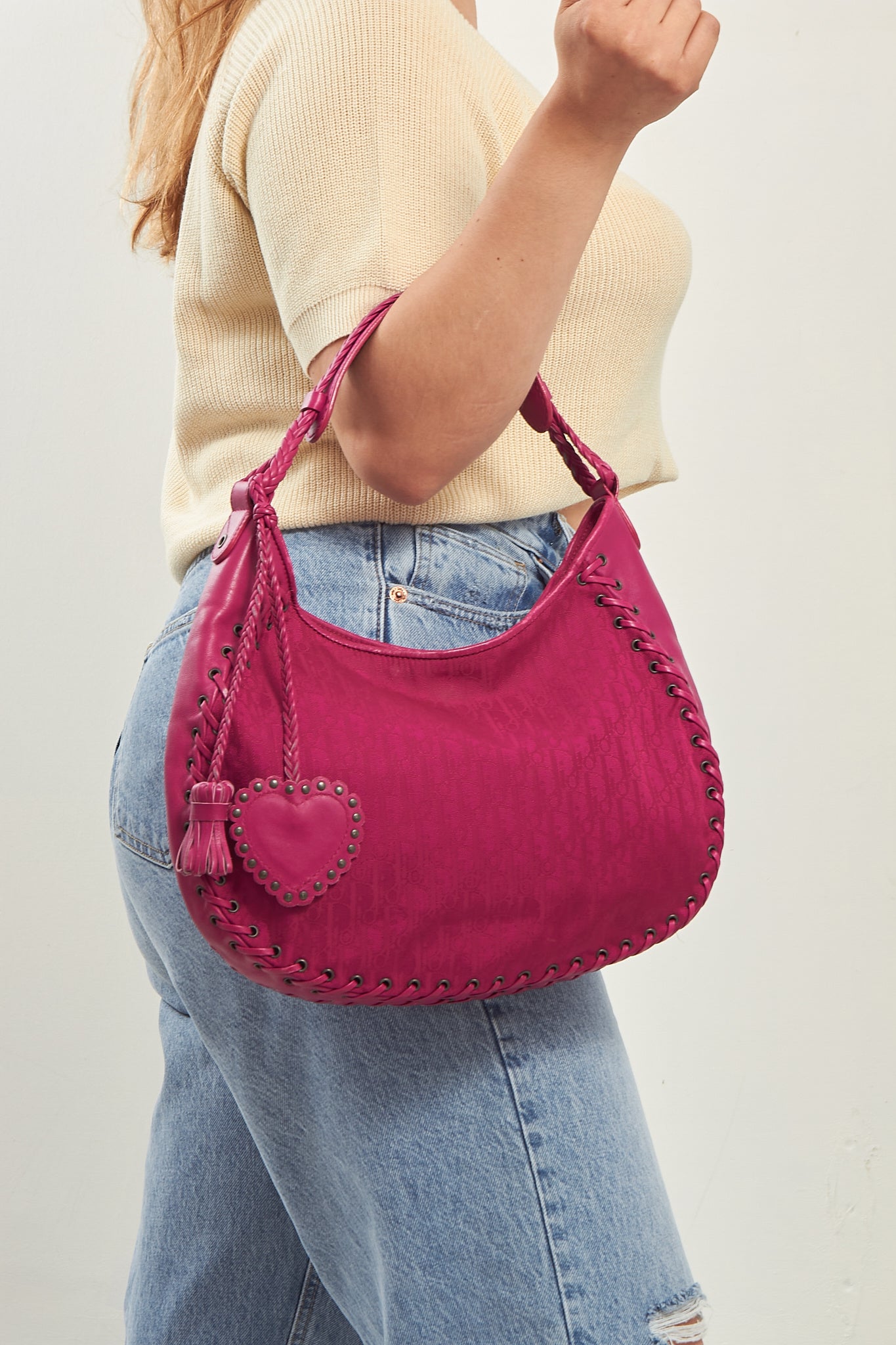 Dior Fuchsia Fabric/Leather Oblique Shoulder Bag