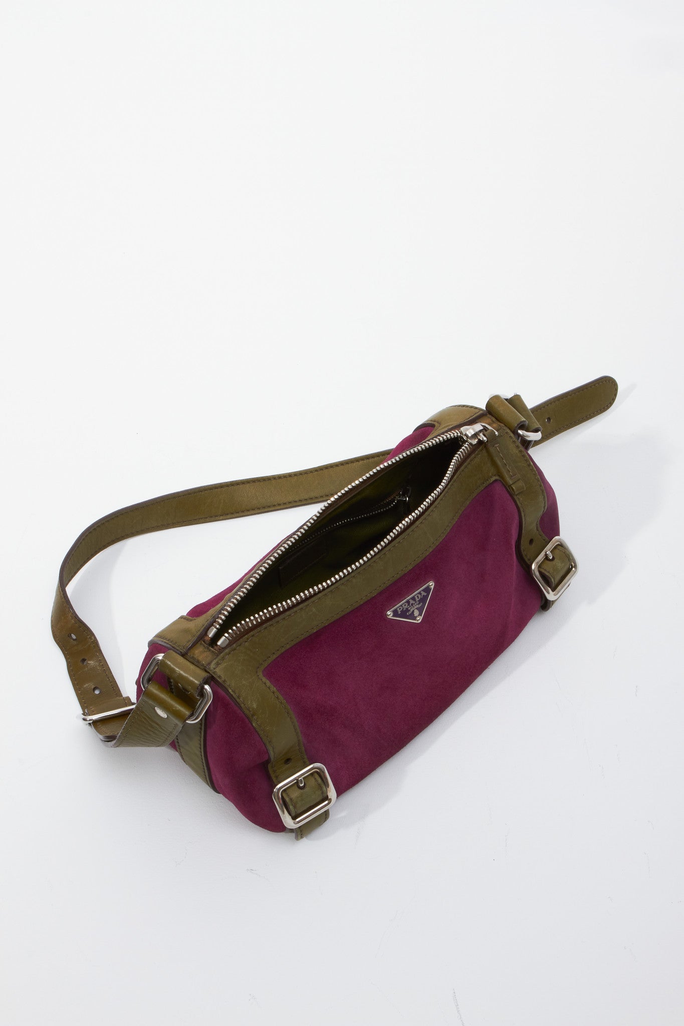 Prada Fuchsia and Olive Suede Small Duffle Shoulder Bag