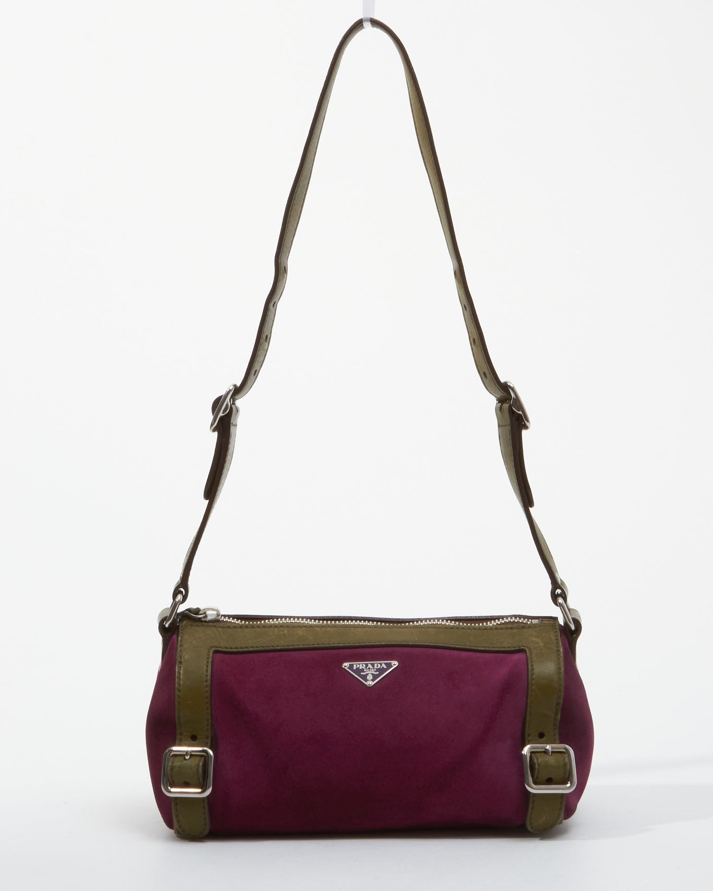 Prada Fuchsia and Olive Suede Small Duffle Shoulder Bag