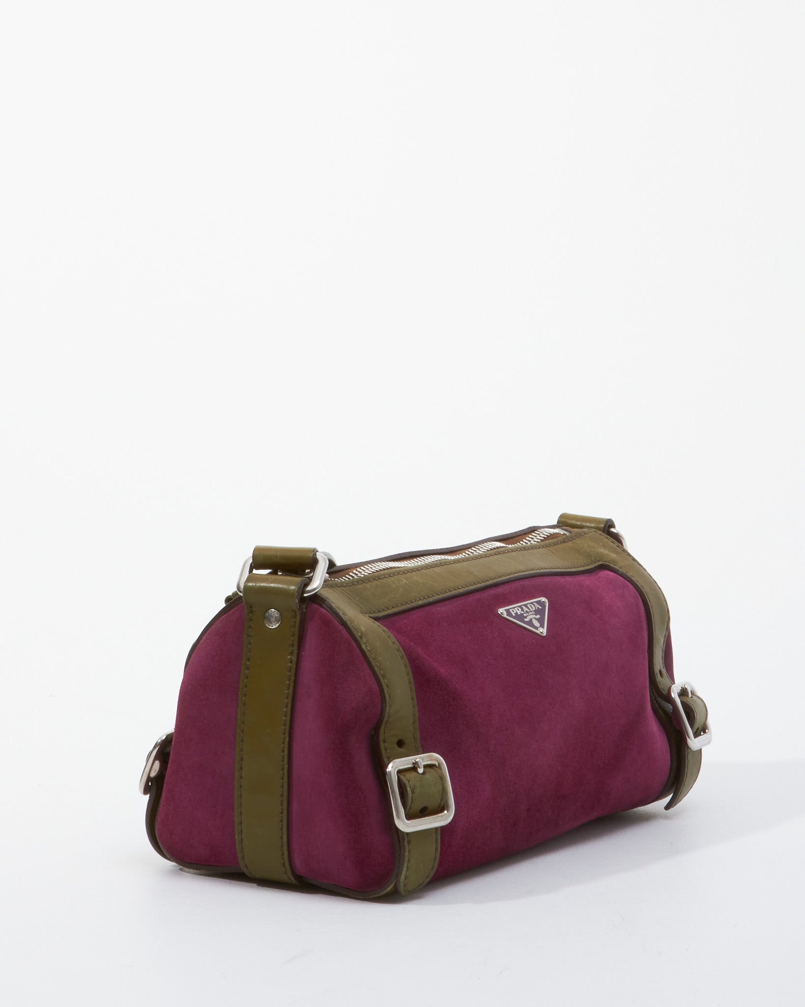 Prada Fuchsia and Olive Suede Small Duffle Shoulder Bag