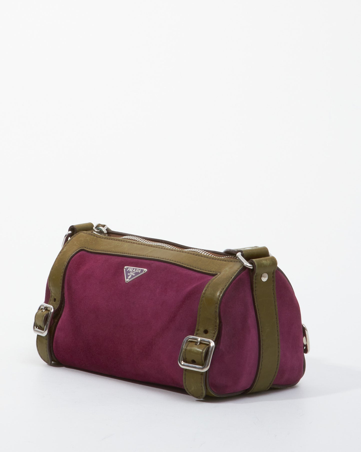 Prada Fuchsia and Olive Suede Small Duffle Shoulder Bag