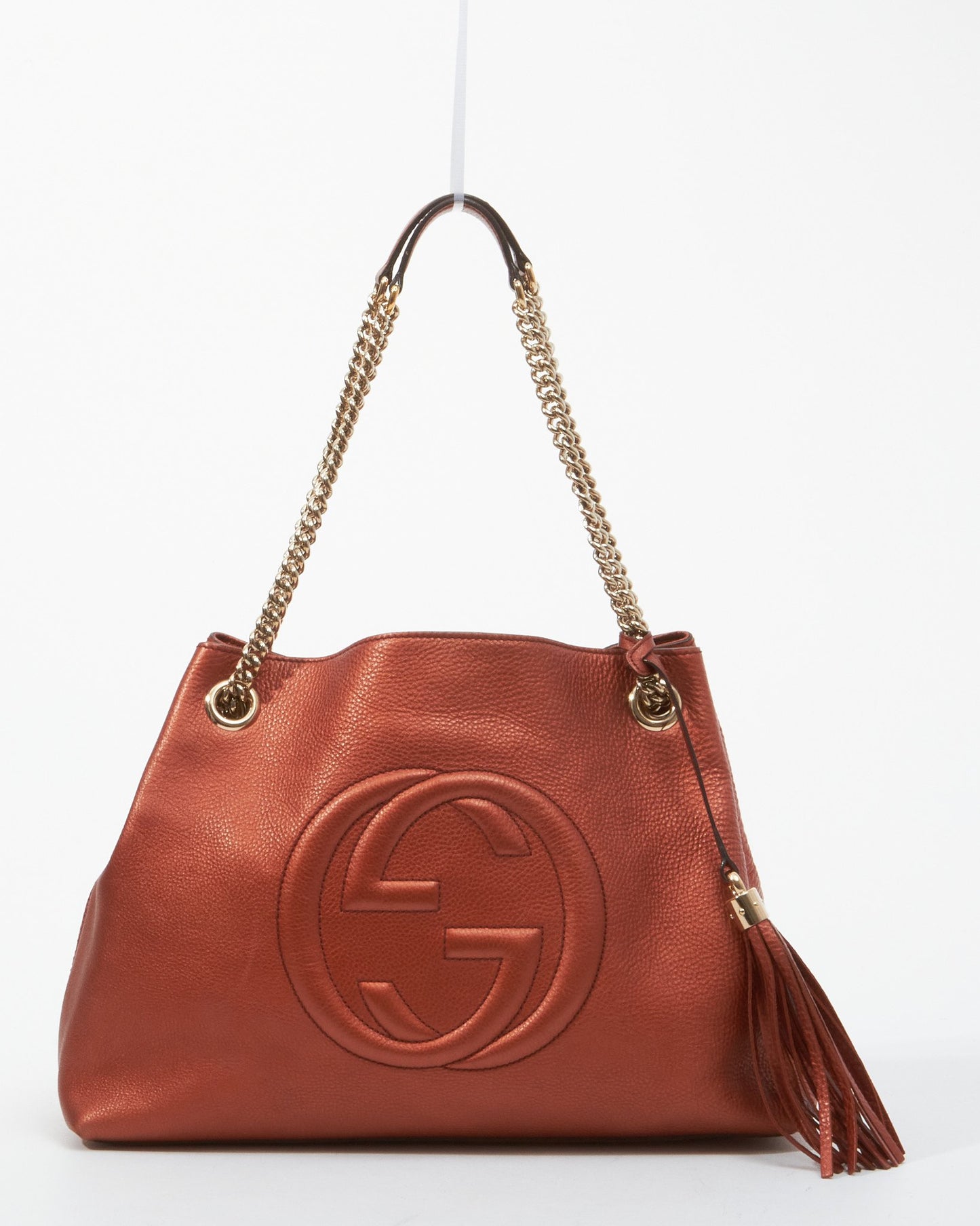 Gucci Metallic Burnt Orange Pebbled Leather Chain Soho Medium Tote Bag