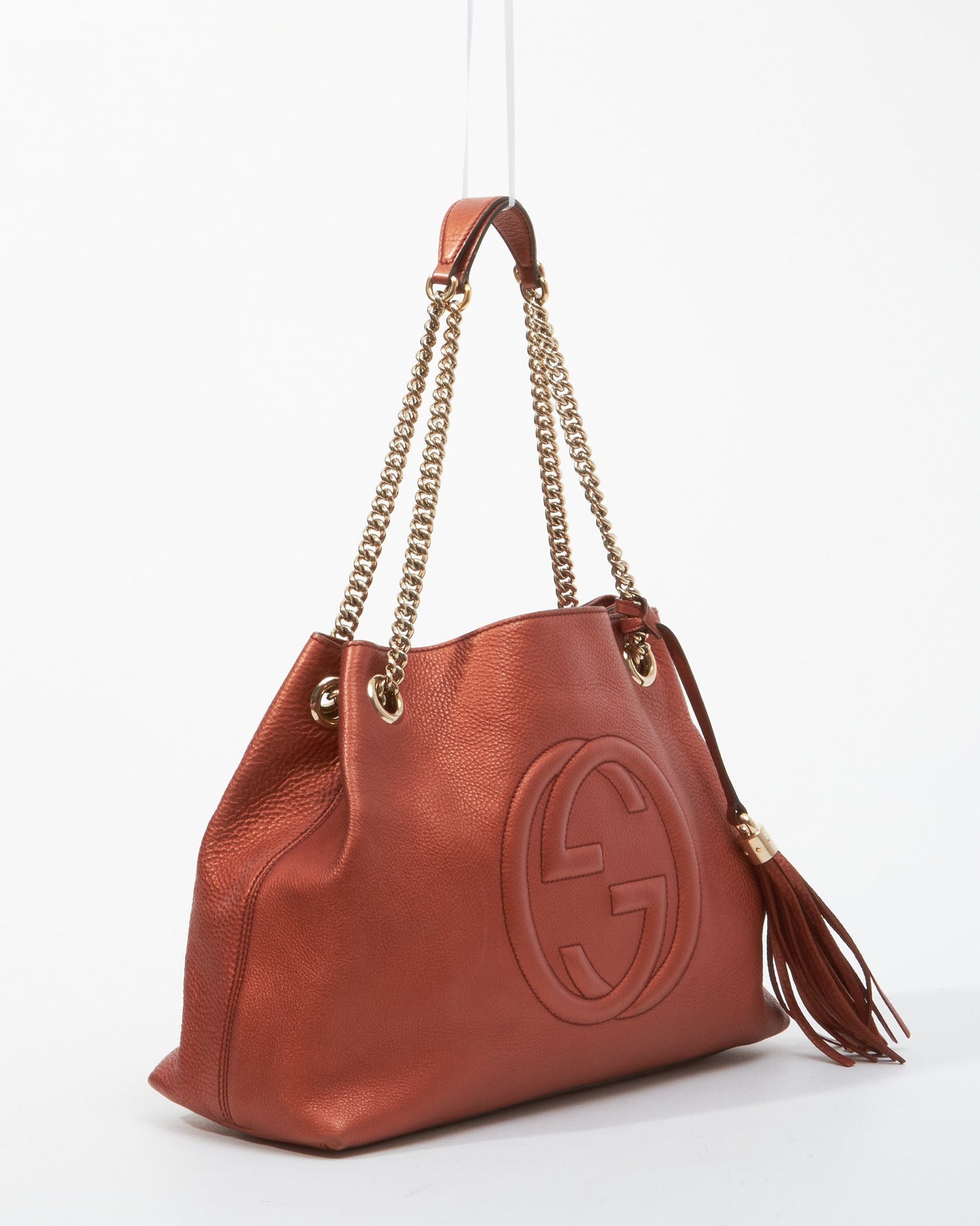 Gucci Metallic Burnt Orange Pebbled Leather Chain Soho Medium Tote Bag