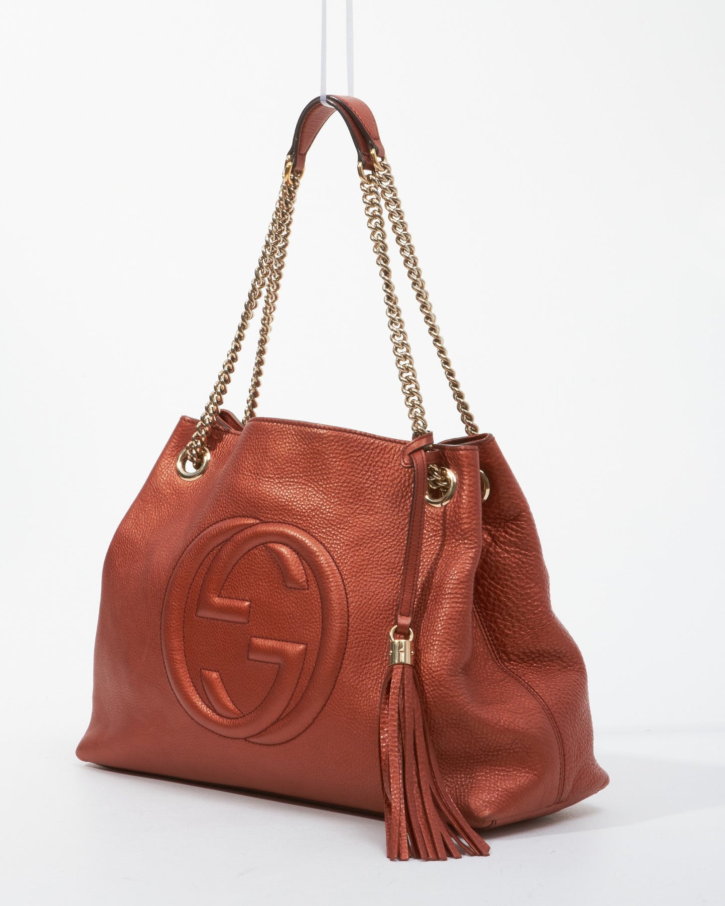 Gucci Metallic Burnt Orange Pebbled Leather Chain Soho Medium Tote Bag