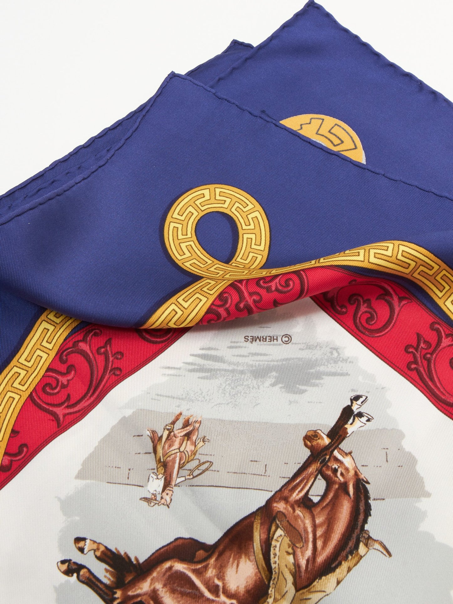 Hermès Royal Blue 
White Equestrian 90CM Silk Scarf